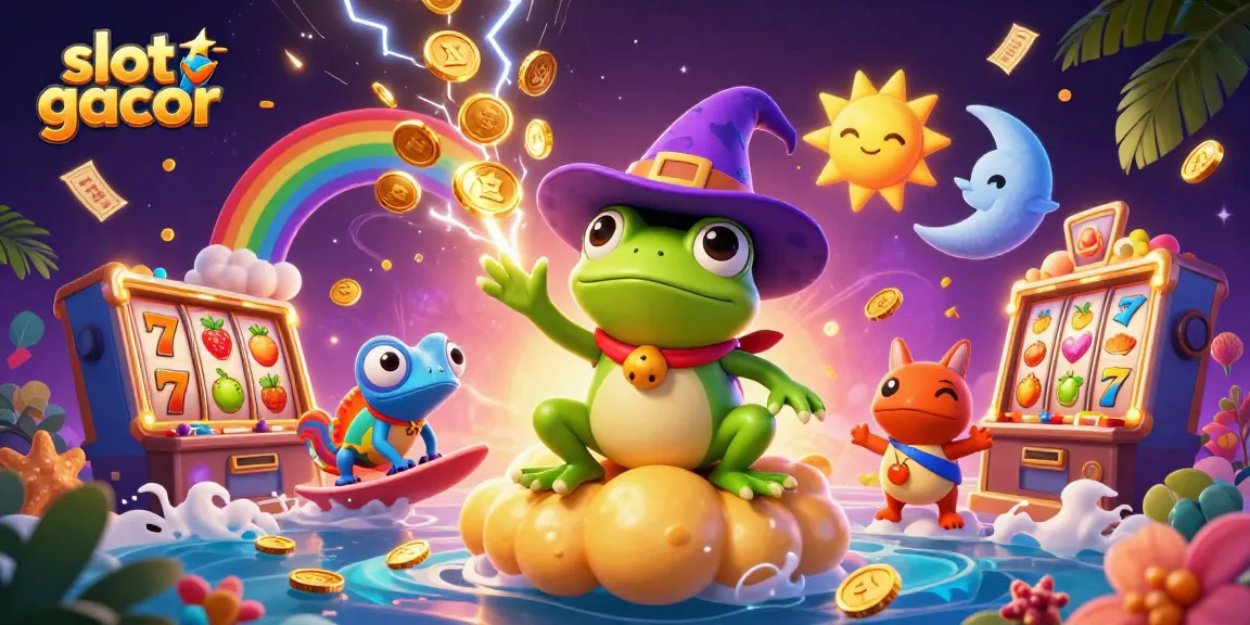Slot gacor: Terlibat dalam permainan slot dengan simbol buah dan jackpot yang mengalir di antara karakternya.