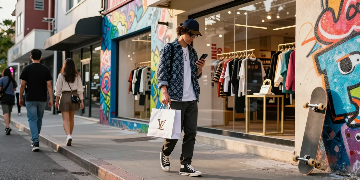 Fashionable individual in 레플리카 attire shopping in an urban setting.