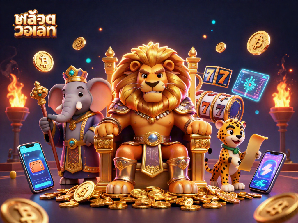 Engage with สล็อตวอเลท in this vibrant illustration showcasing casino elements and characters.