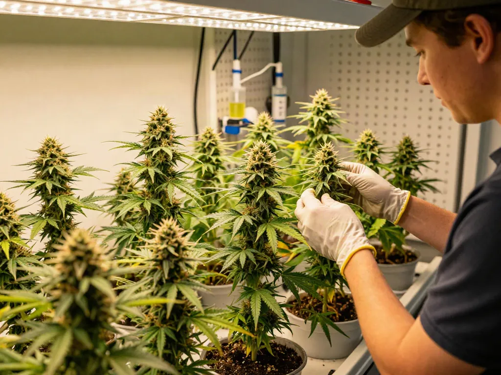 Indoor scene of fast flowering autoflower seeds in cultivation, showcasing healthy plants and a dedicated gardener.