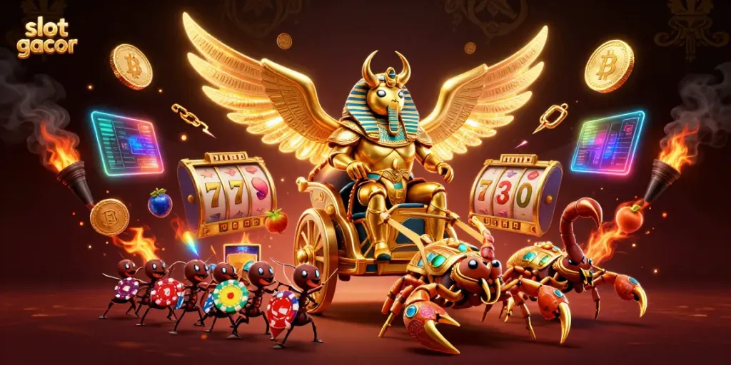 Slot gacor menampilkan karakter kolosal bersinar dan elemen permainan di latar belakang yang kaya visual.