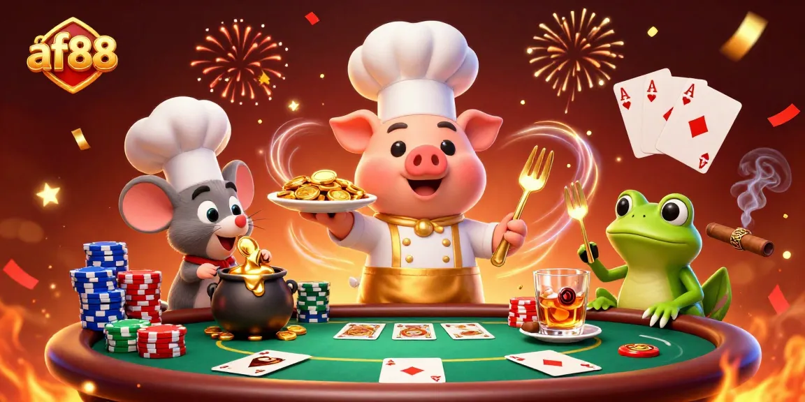 Gamble with excitement at af88, where a chef pig serves gold coins amidst a lively casino atmosphere.