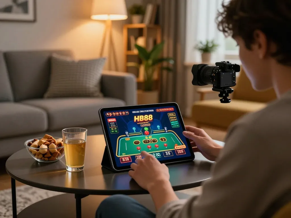 Engaging player enjoying HB88 online casino on a tablet in a stylish home gaming setup