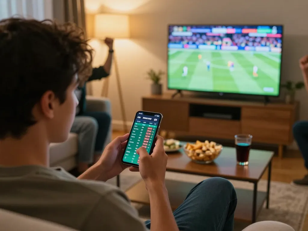 Engaging home sports betting scene with keonhacai displayed on a smartphone during live game.