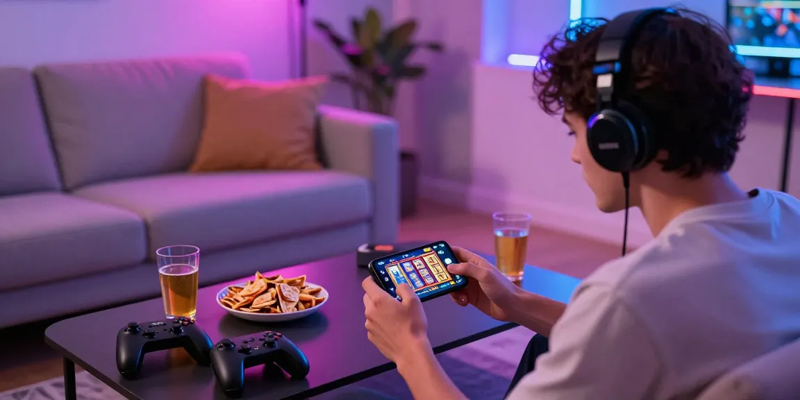 Playing slot88 apk on smartphone in a vibrant gaming room