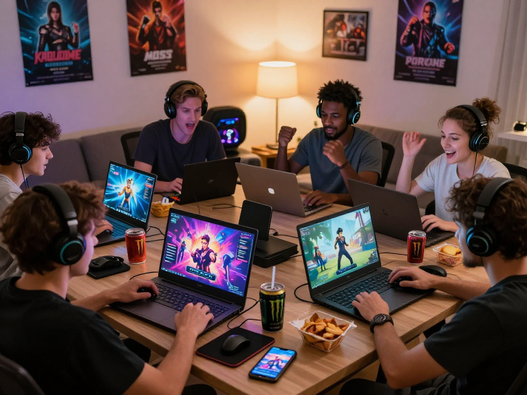 Players enjoying interactive porngame sessions on various devices in a cozy setting.