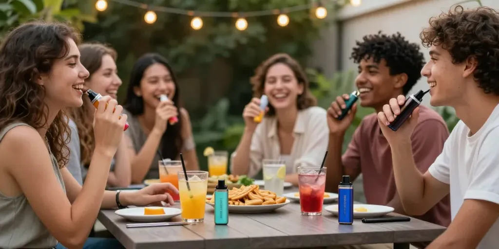 Friends sampling Hitz infinity Gen 7 disposable vapes at a vibrant outdoor gathering, showcasing variety and enjoyment.