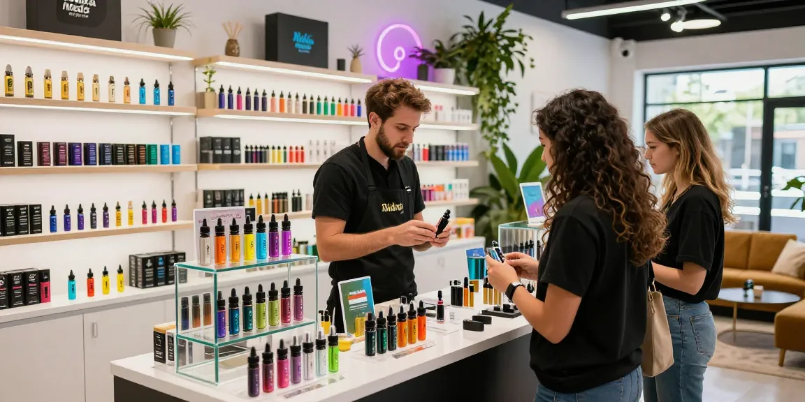 Customer exploring Muha Meds products in a modern vape shop with vibrant displays and knowledgeable staff.