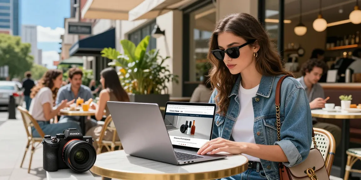 Young woman browsing 레플리카 사이트 for fashion items at a trendy café.