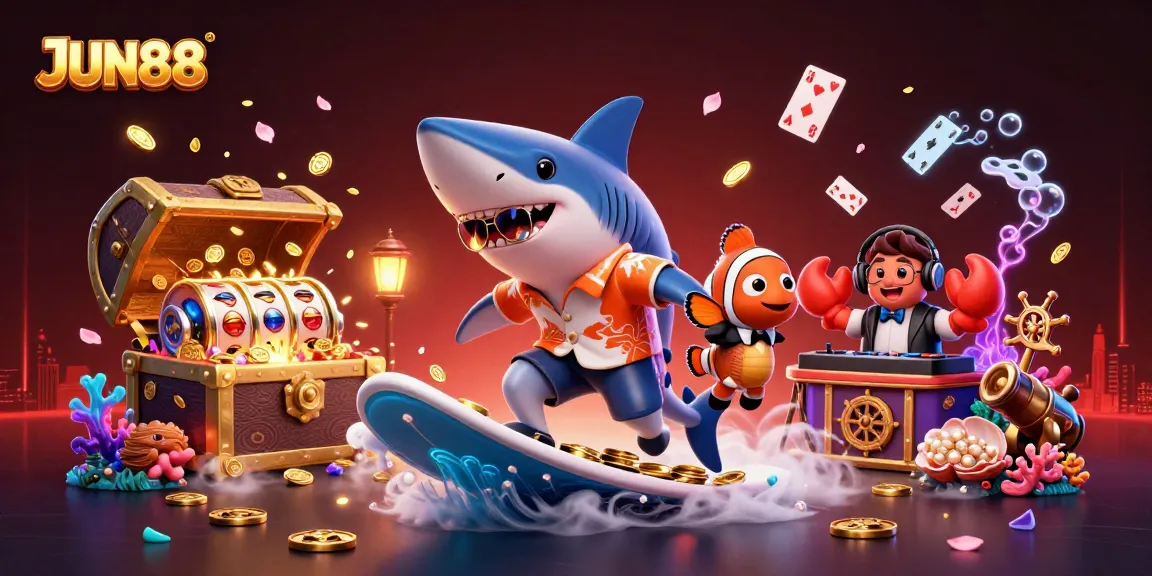 Experience the thrill of JUN88 casino with a vibrant scene of a surfing shark and winning slots erupting with treasures.