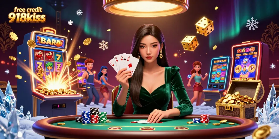 Cashing in on free credit 918kiss while playing at an elegant poker table amidst dynamic casino elements.