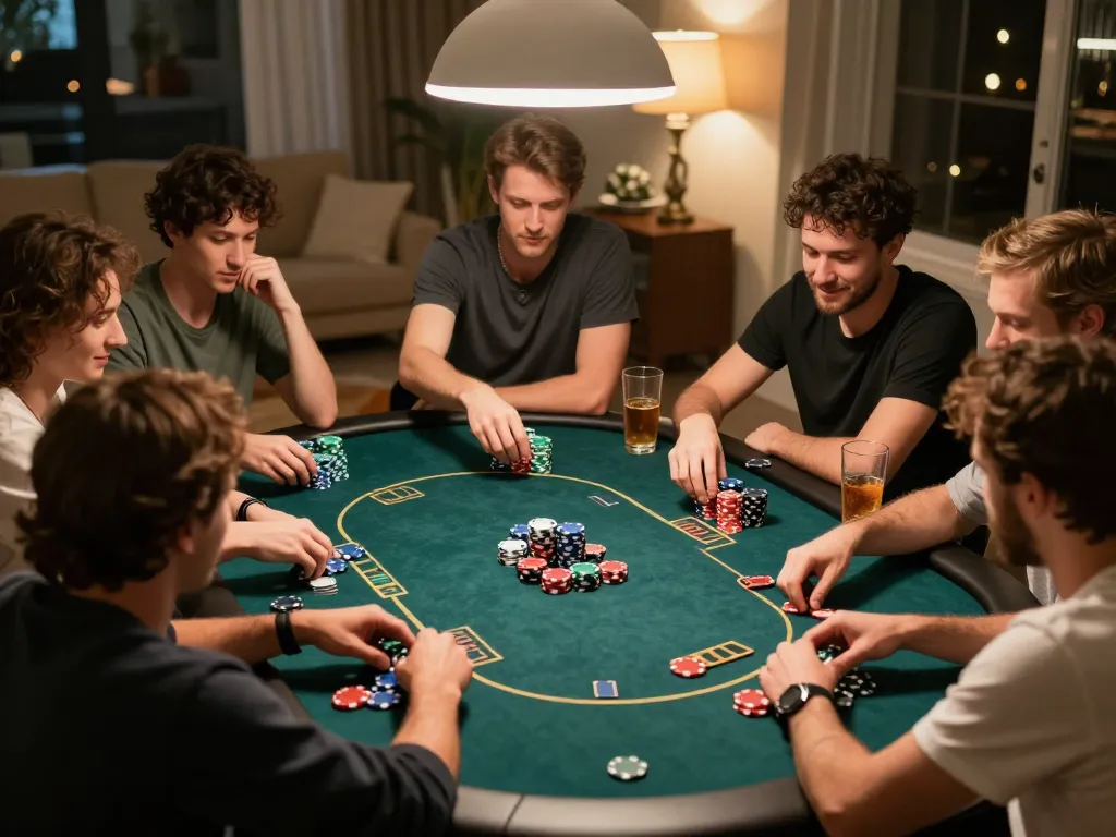 Friends enjoying a thrilling poker game with chips and cards, showcasing the sun win excitement.