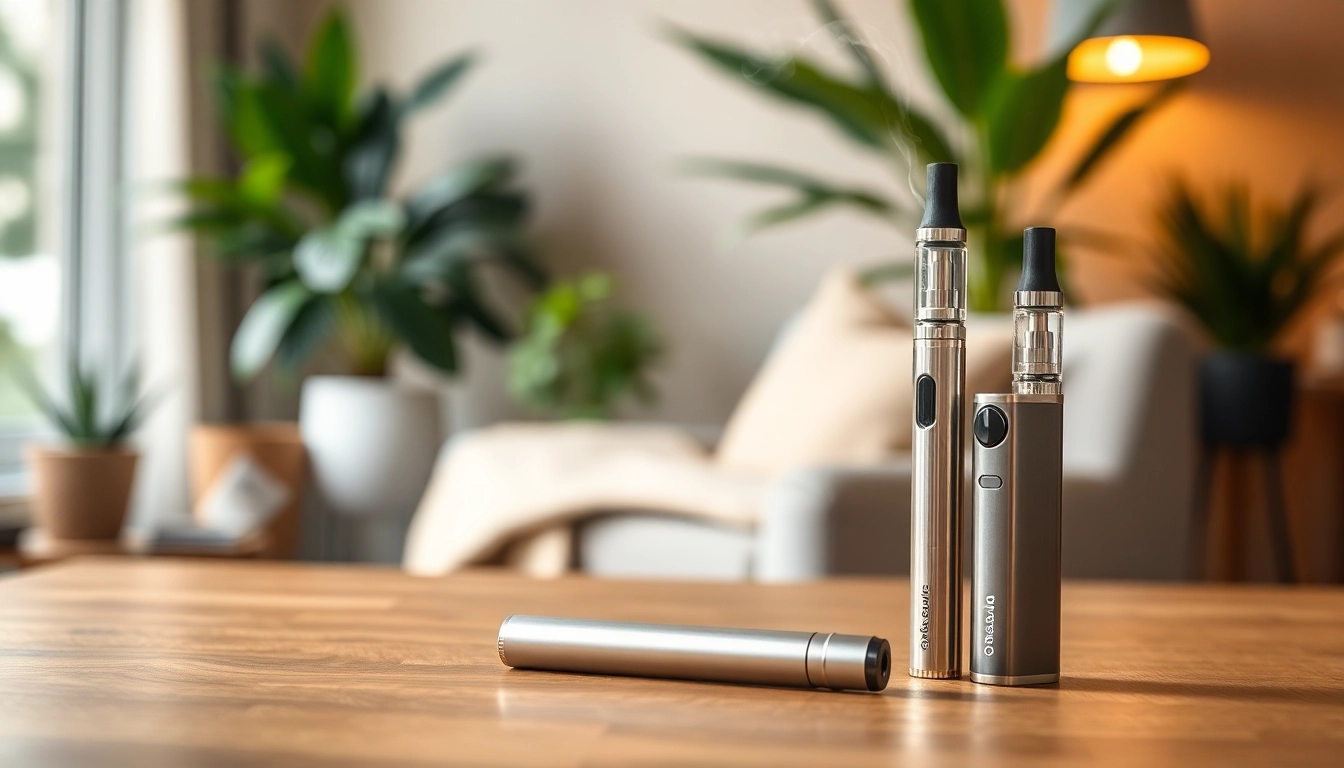 Buy THC vape UK with sleek vape pens displayed stylishly on a wooden table.