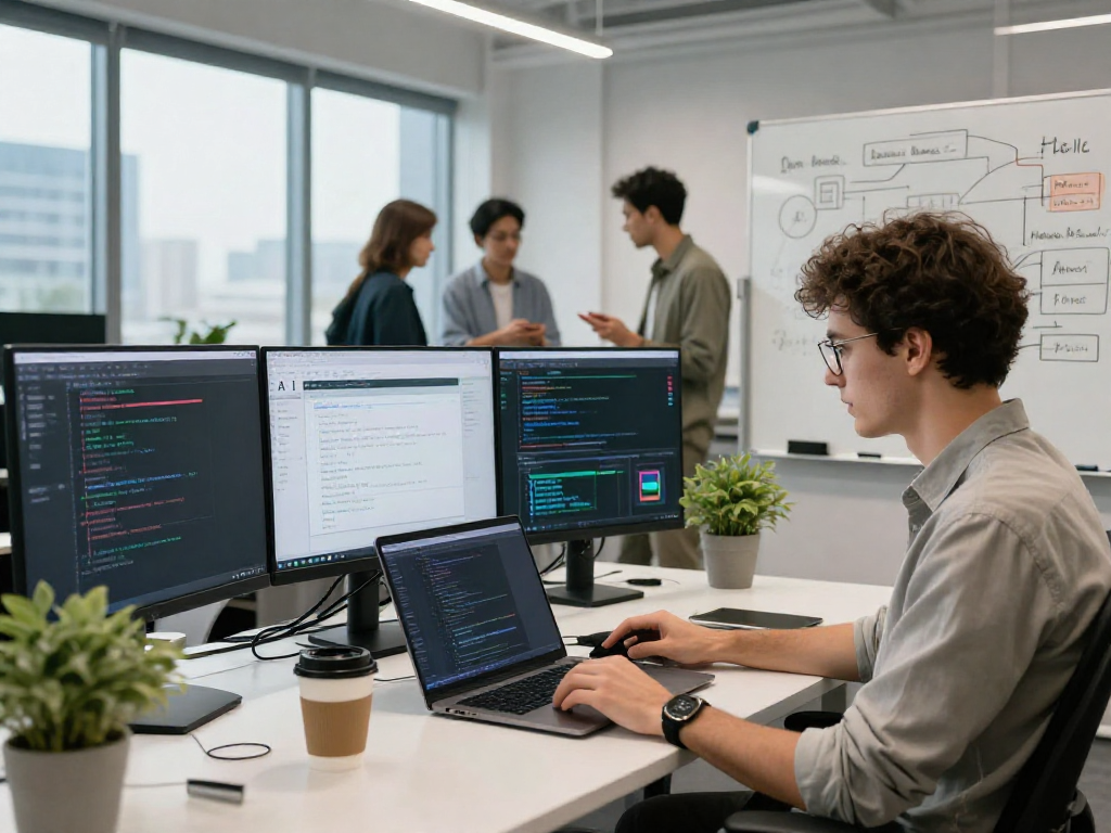 Detect AI image in an advanced moderation platform office, showcasing data scientists analyzing content safety metrics.