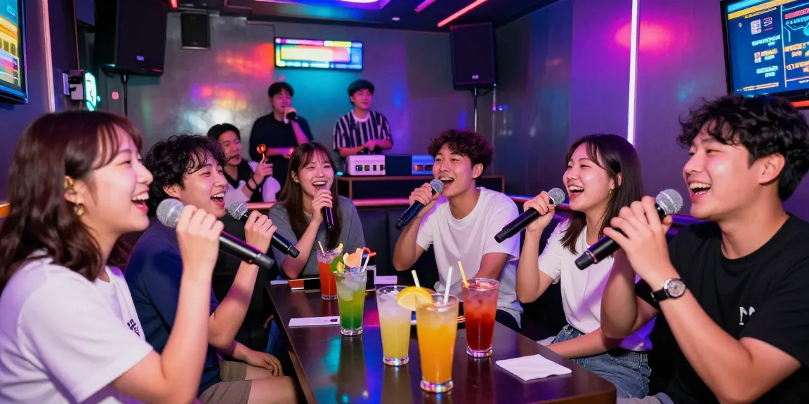 Enjoying 제주유흥 karaoke with friends in vibrant nightlife at Jeju Island's lively venue.