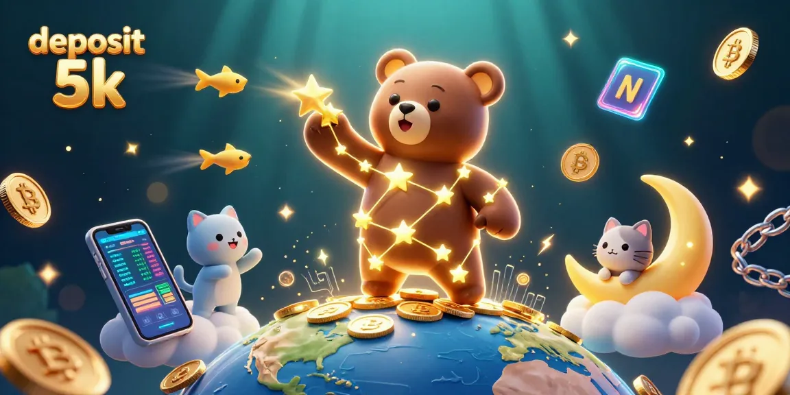 Spin the reels with deposit 5k, surrounded by enchanting 3D illustrations of stars and coins.