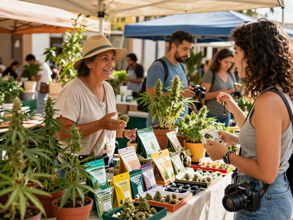 A vibrant market scene in Alicante showcasing cannabis products, with a vendor discussing weed in Alicante's benefits.
