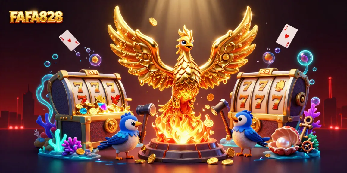 FAFA828 presents a vibrant golden phoenix and slot elements in an engaging 3D casino scene.