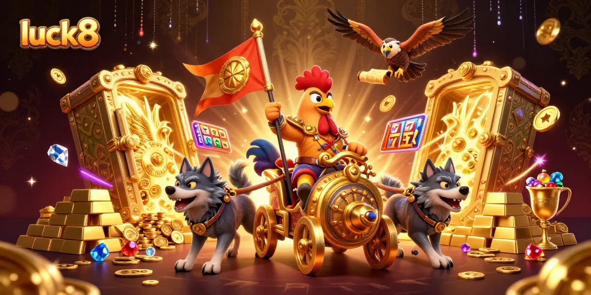Experience the thrill of luck8 with a vibrant 3D illustration of a golden rooster warlord amidst dazzling casino elements.