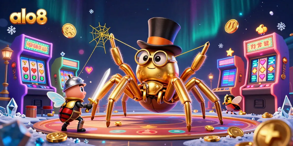 Join the excitement at alo8 with a golden tarantula weaving luck amid vibrant casino games.