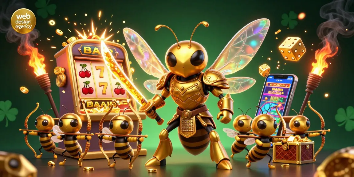 Engaging scene showcasing web design agency as a hornet warrior amidst dynamic casino elements like slot machines and golden coins.
