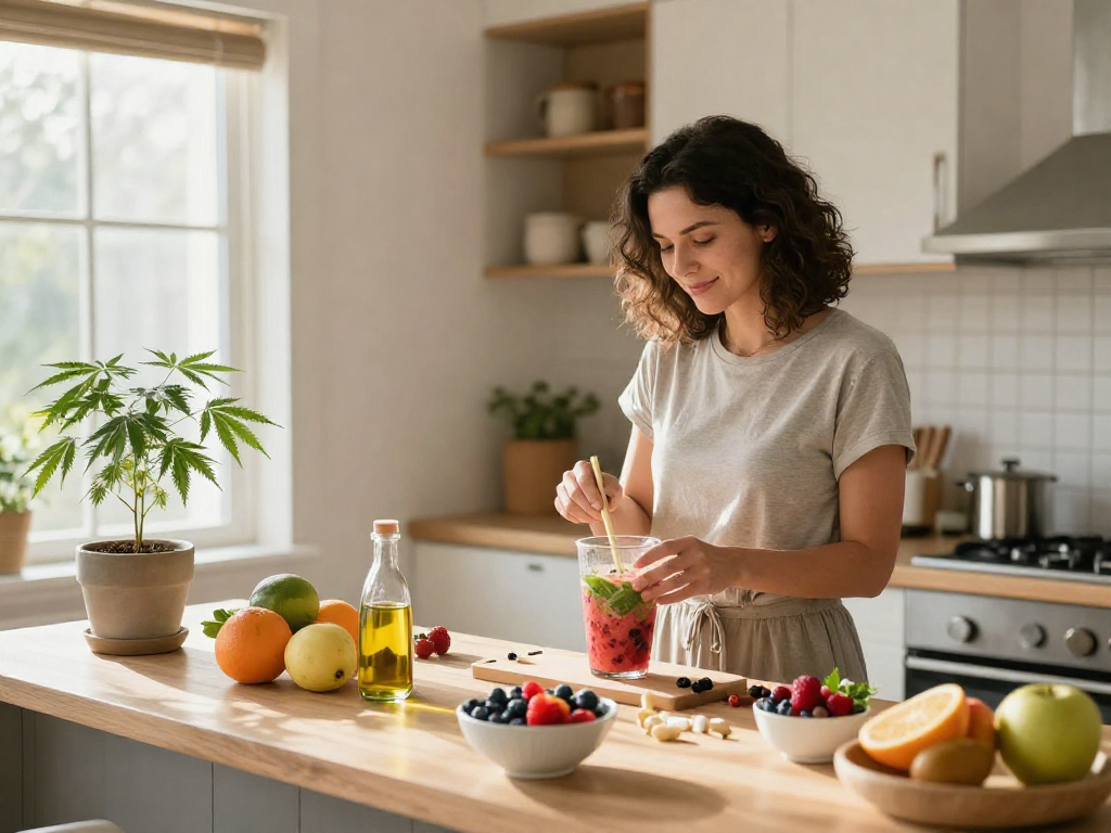 Edibles UK scene: woman preparing CBD-infused smoothie with fresh ingredients, promoting natural wellness.
