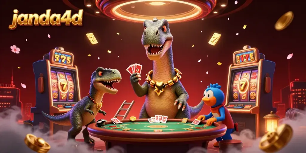Permainan slot janda4d dengan karakter menarik, dikelilingi elemen kasino yang meriah.