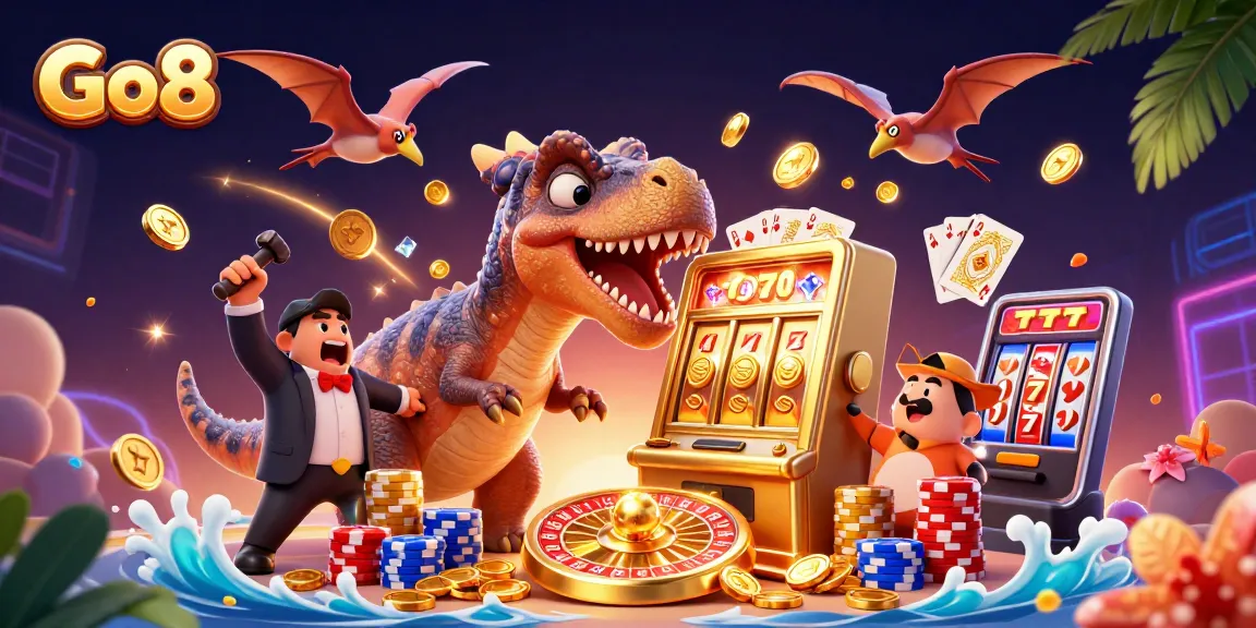 Catch jackpot coins with Go8's pachycephalosaurus at the vibrant casino scene.