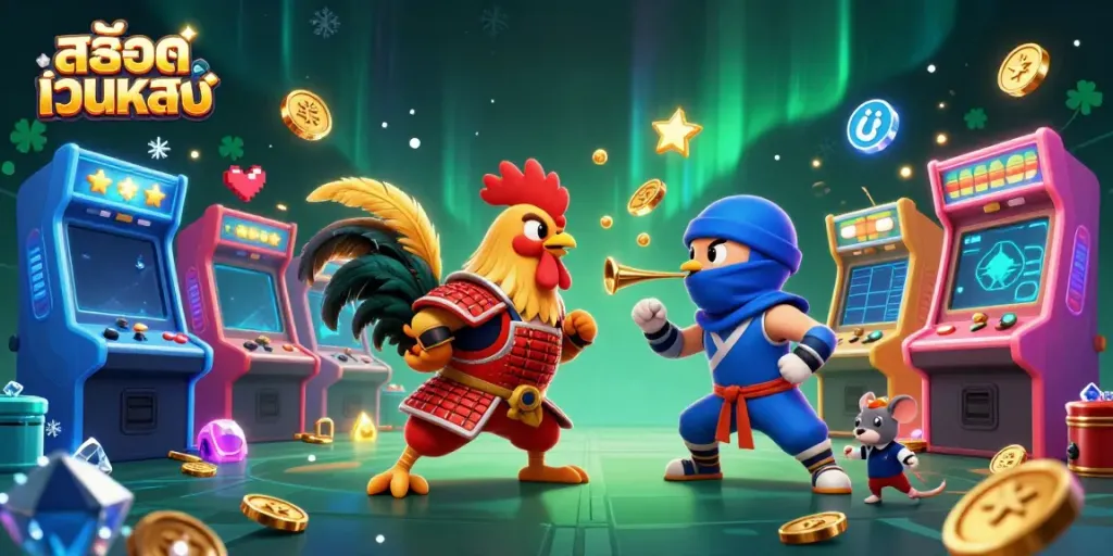 Experience the thrill of สล็อตเว็บตรง with dynamic roosters and gaming elements in an engaging scene.