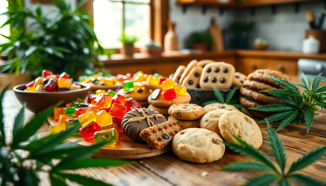 Showcase of weed edibles like gummies and chocolates on a rustic table highlighting vibrant colors.