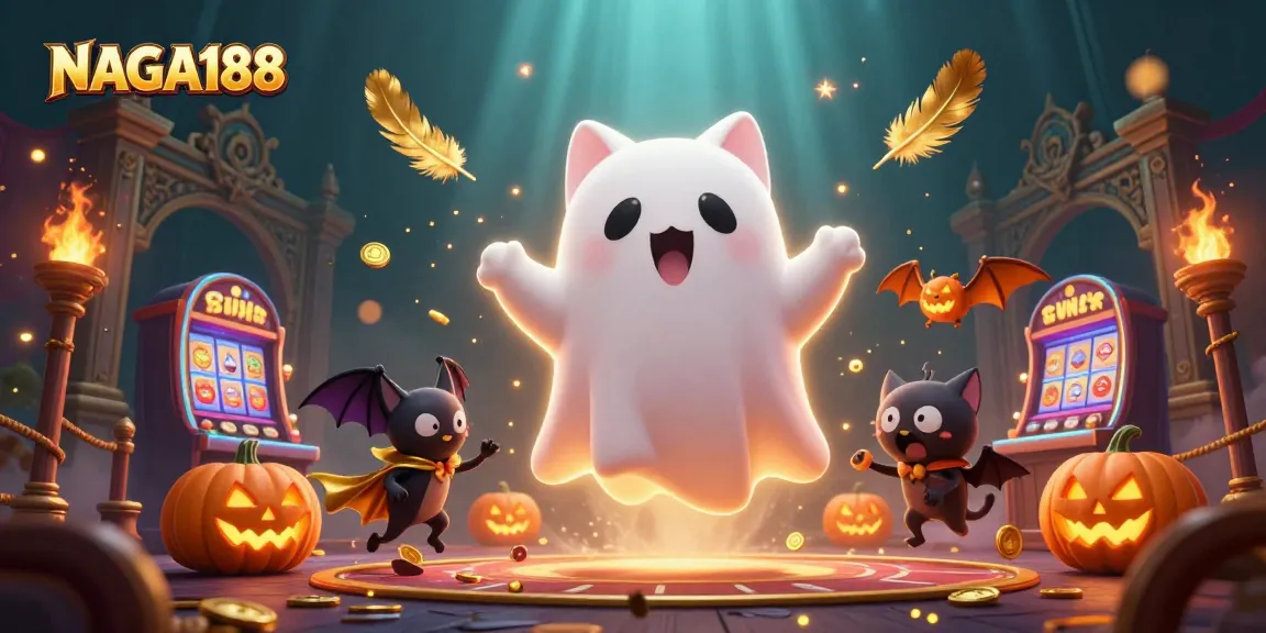 Gambarlah NAGA188 dengan kucing hantu dan kelelawar dalam suasana kasino yang menakutkan.
