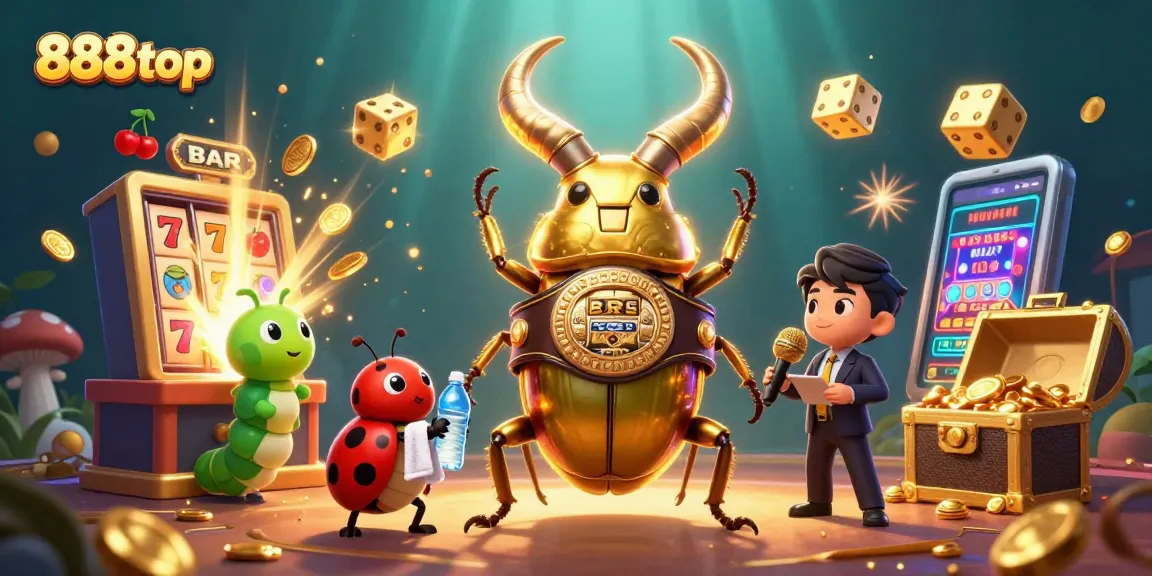 Play and win at 888top with the exciting casino illustration featuring a giant beetle champion in vibrant gameplay.