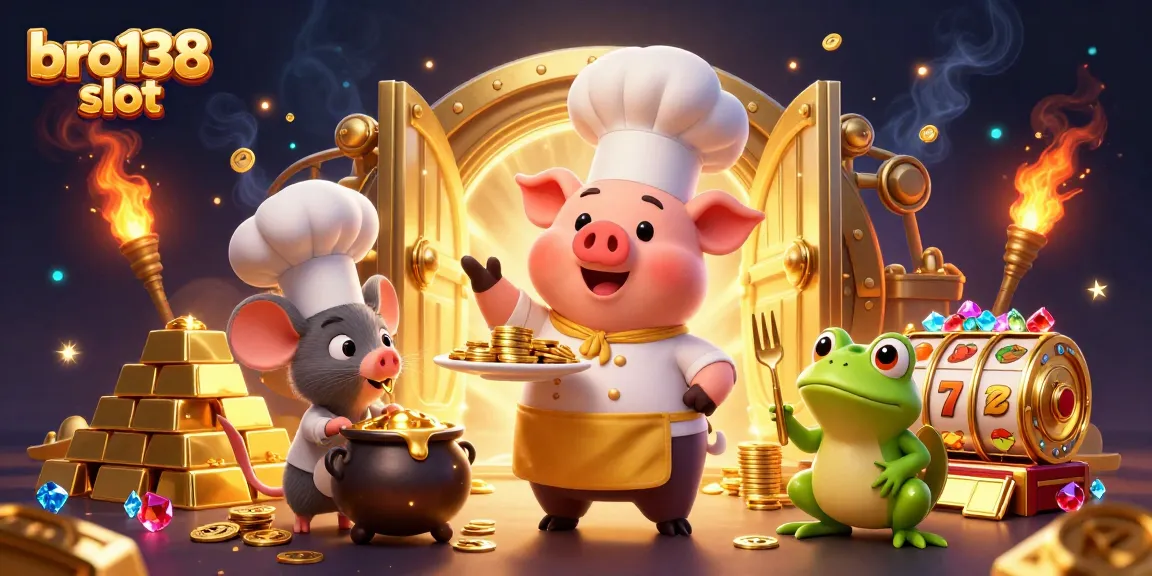 Experience the excitement of bro138 slot with a vibrant 3D scene of a chef pig presenting gold coins, symbolizing wealth and adventure.