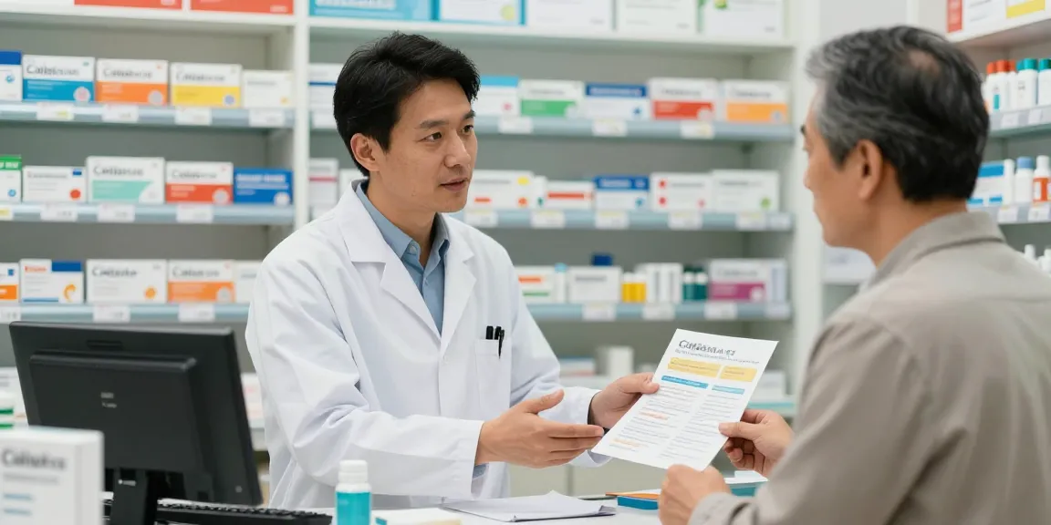 Cialis consultation in pharmacy, pharmacist discussing erectile dysfunction treatment with customer in a welcoming environment.