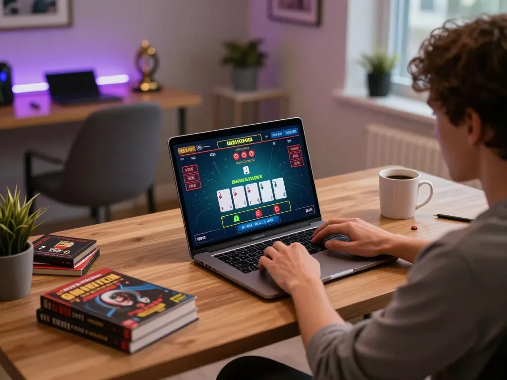 Engaged in open88 blackjack game, showcasing strategic gameplay in a cozy home setting.
