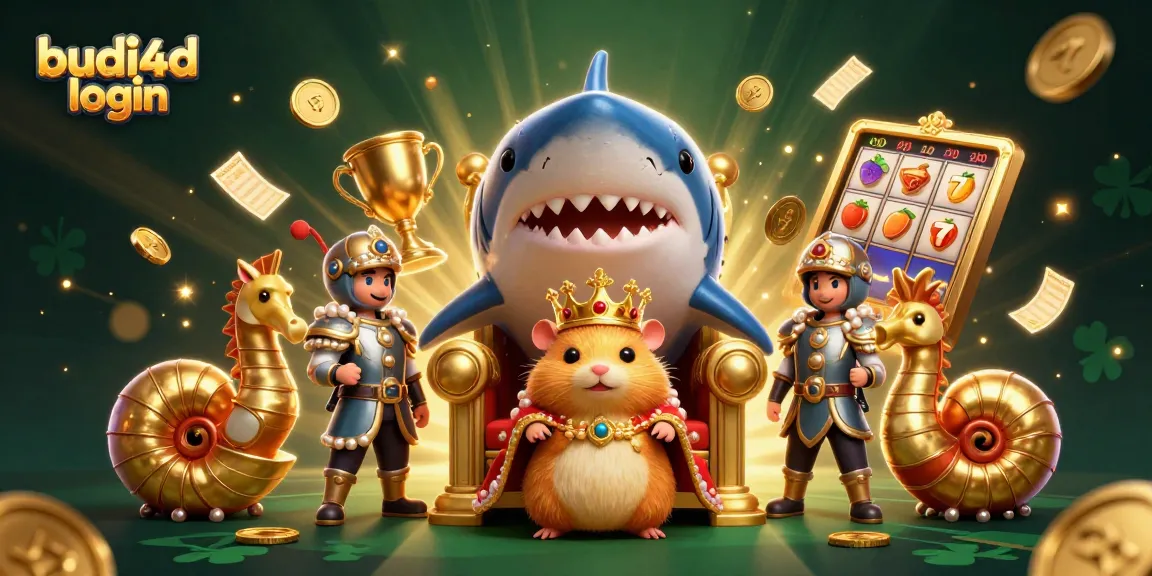 Budi4d login showcases a golden hamster king on a shark tooth throne amidst dynamic slot symbols and energetic gold coins.