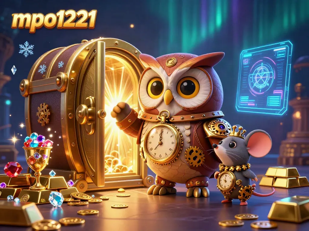 Engage in thrilling action at mpo1221 with a time-traveler owl amidst casino riches and futuristic holographs.