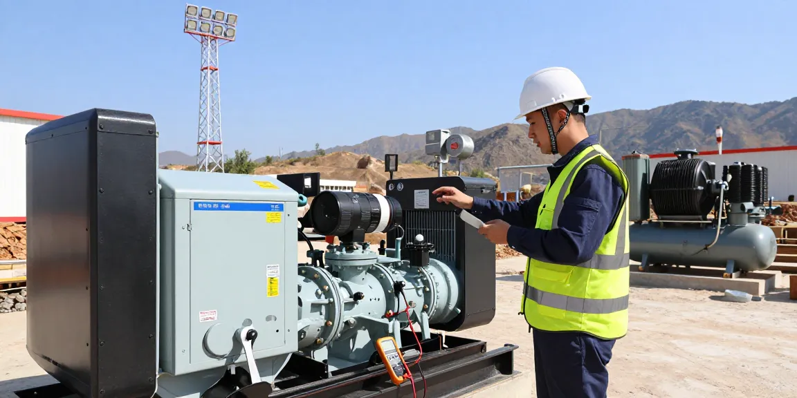 Technician examining natural gas-powered generator in industrial setting with tools and heavy equipment.