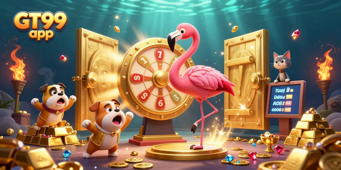 Win big with the GT99 app in this vibrant casino scene featuring exciting game elements.