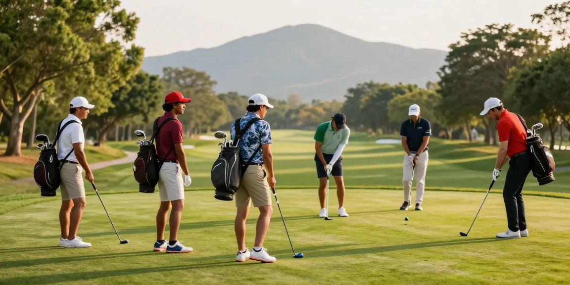 Group of golfers wearing stylish 골프웨어 레플리카 enjoying a game on a vibrant golf course.