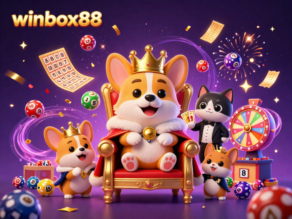Experience exciting wins at winbox88 with a royal corgi on a poker chip throne surrounded by vibrant casino elements.