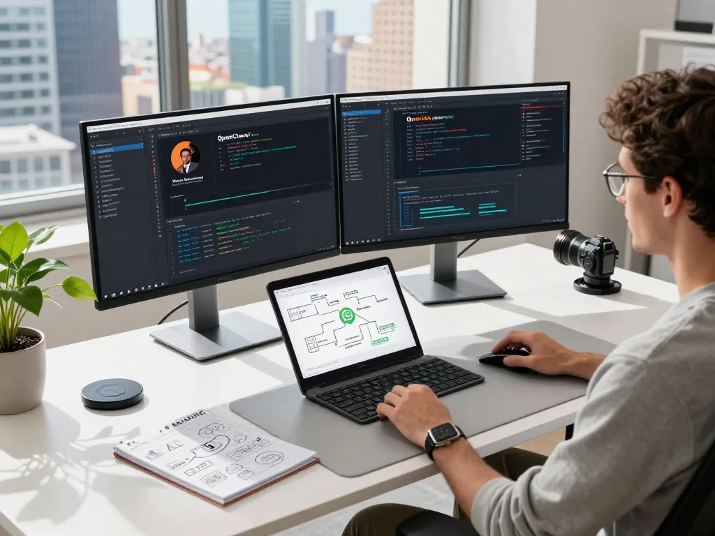 OpenClaw personal AI assistant setup in a modern tech workspace with coding interfaces and productivity tools.