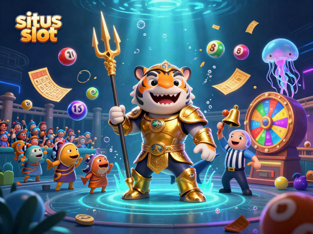 Situs slot game featuring a tiger shark in a gladiator arena surrounded by colorful elements.
