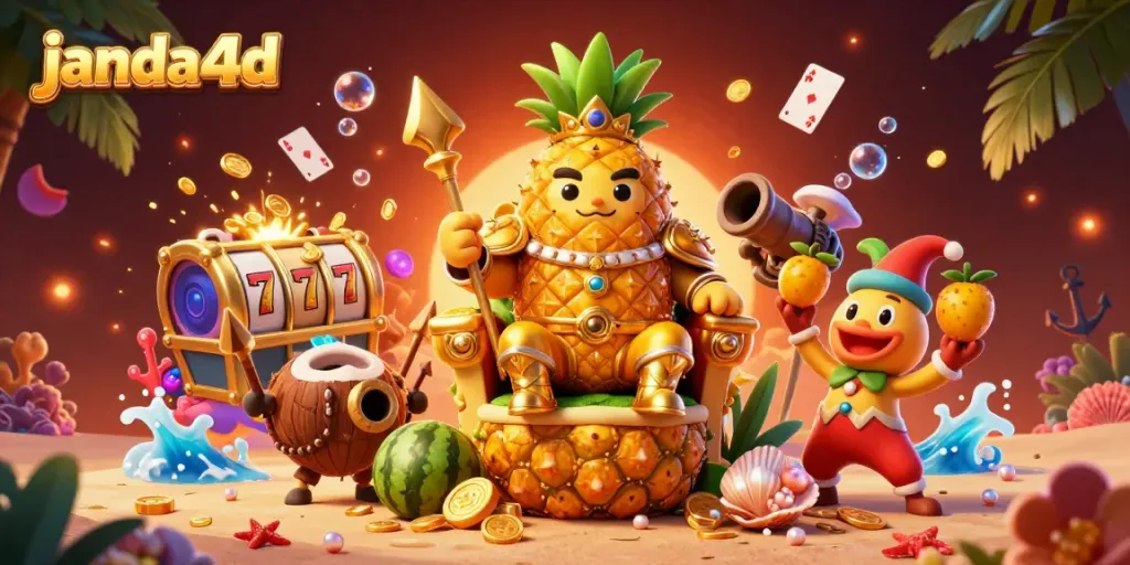 Permainan seru di janda4d dengan karakter kartun 3D raja nanas emas dan elemen kasino lainnya.