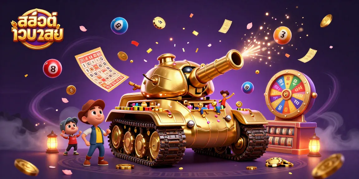 Experience the excitement of สล็อตเว็บตรง with a vibrant 3D casino scene featuring golden beetle tanks and confetti.