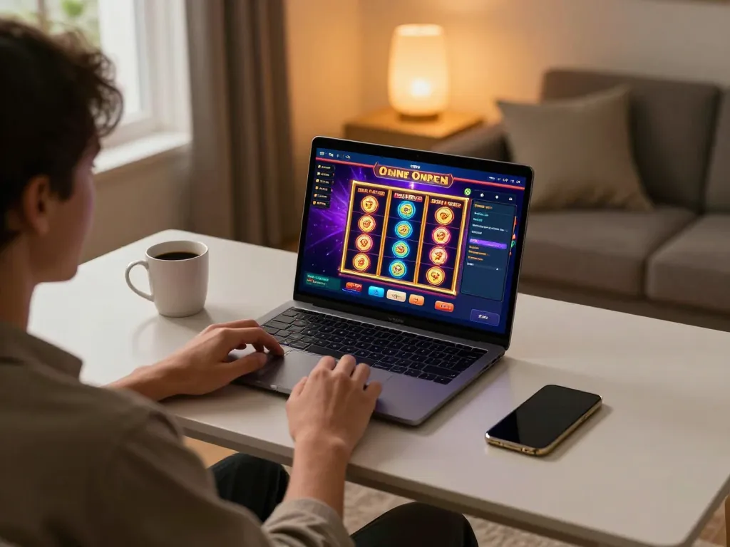 Engaged player enjoying https://l567.tech/ online slots in a cozy and stylish home gaming setup