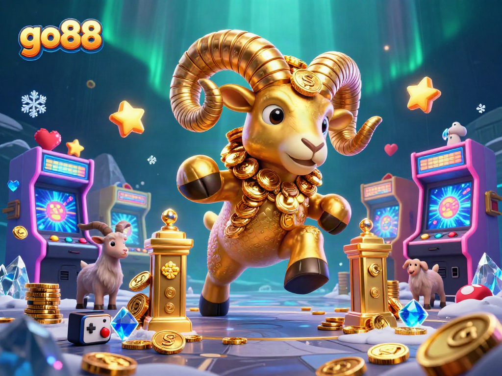 Engage with go88's dynamic gaming realm featuring a golden ram charging through a glittering casino atmosphere.