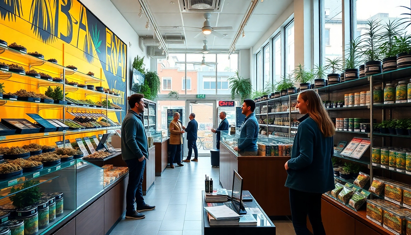 Shop inside a vibrant Weed Store filled with diverse cannabis products, attracting customers.