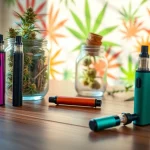 Cannabis Vape setup highlighting sleek vape pens on a wooden table with vibrant designs.