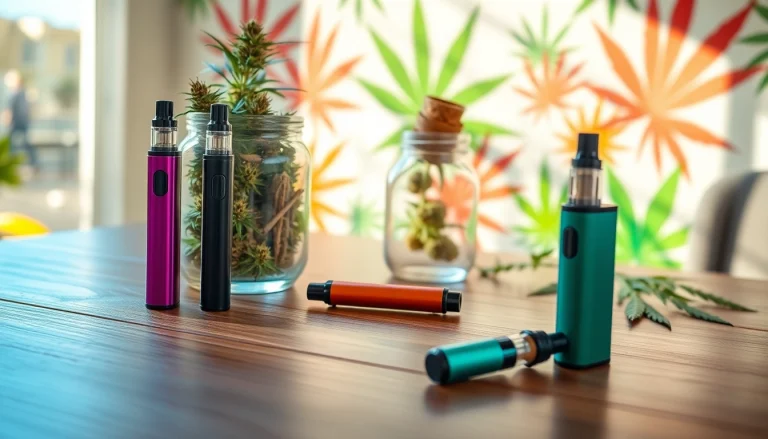 Cannabis Vape setup highlighting sleek vape pens on a wooden table with vibrant designs.